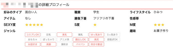ジュエルライブで表示される女性のプロフィール